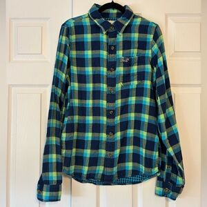 Hollister Navy and Lime Checkered Flannel Shirt